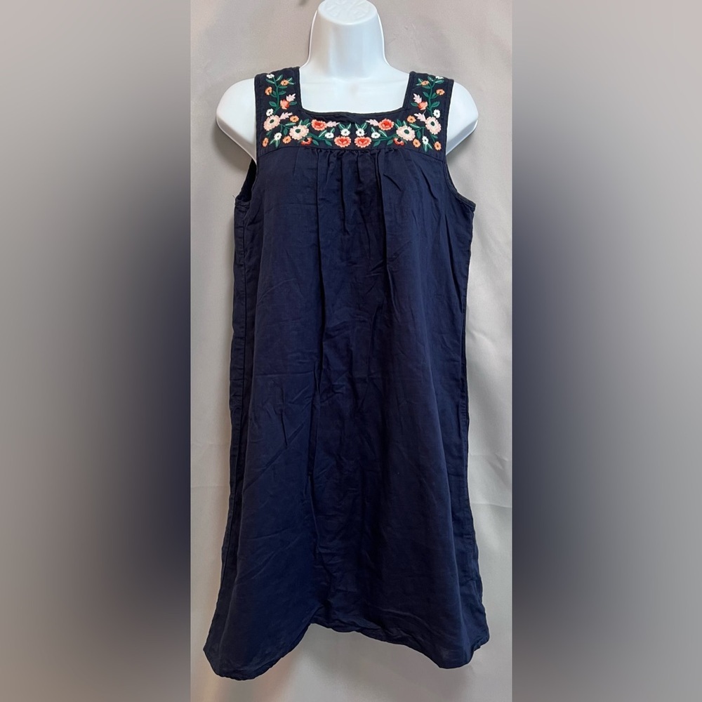 J Crew Navy Blue Linen Blend‎ Floral Embroidered Shift Dress Size L Square Neck